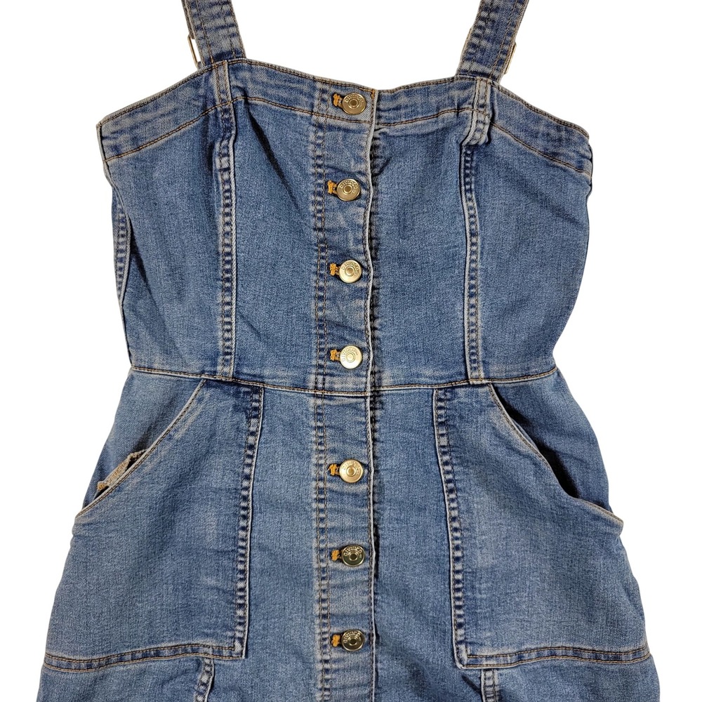 H&M Divided Denim Dress Womens Size 4 Blue Button Front Pinafore Mini - Picture 2 of 5
